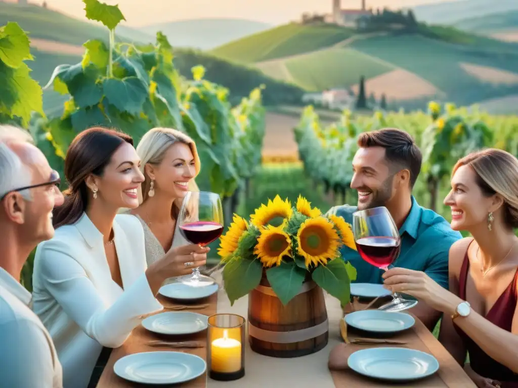 Un festivo encuentro al aire libre en un viñedo de la Toscana con platos tradicionales italianos y vinos exquisitos