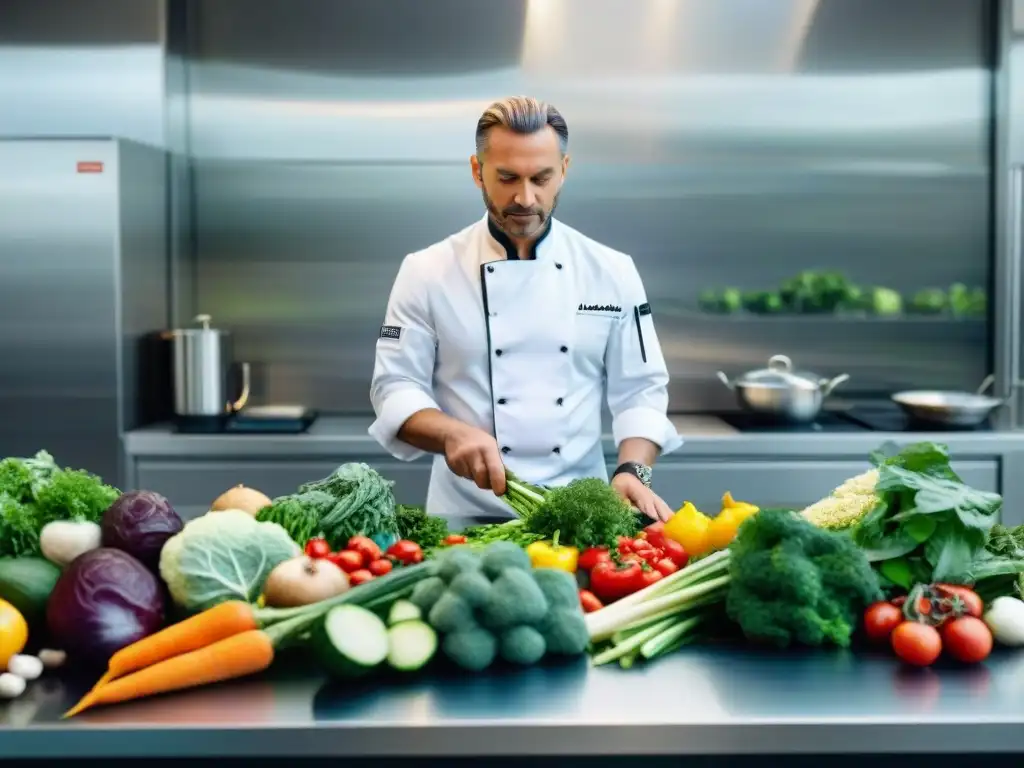 Chef Pietro Leemann muestra su filosofía culinaria al organizar verduras orgánicas en una cocina moderna