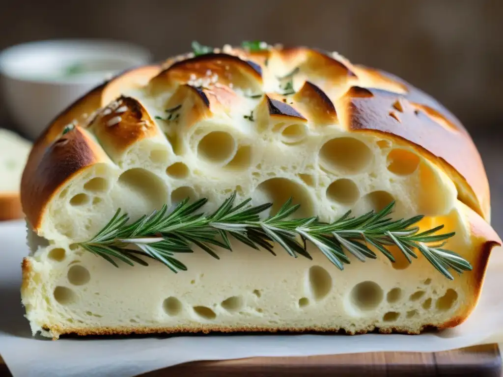 Una Focaccia Barese tradicional italiana recién horneada, con costra dorada, sal marina y romero, emitiendo vapor, ¡una delicia fresca y cálida!