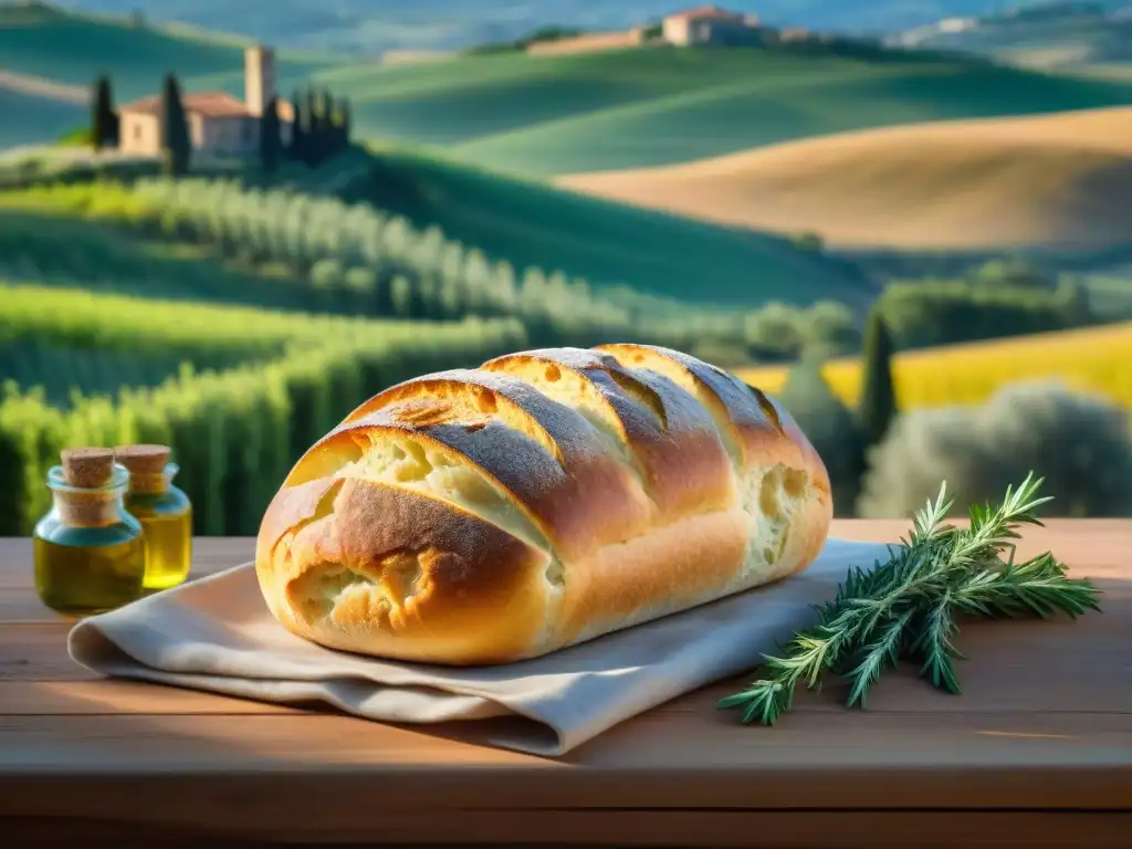 Delicia toscana: focaccia dorada en mesa rústica Una focaccia dorada con hierbas italianas sobre mesa rústica, en el campo toscano