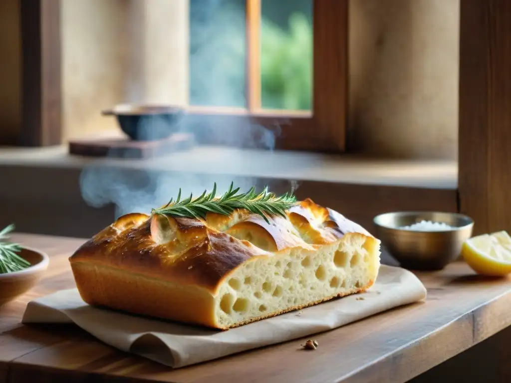 Focaccia recién horneada con crust dorado, romero y sal marina, en una cocina italiana tradicional