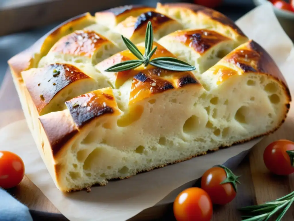 Una focaccia recién horneada con tomates cherry y romero, bañada en aceite de oliva