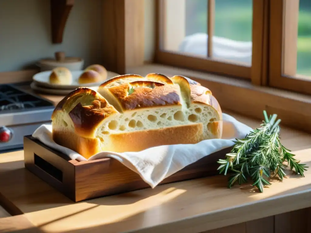 Focaccia italiana recién horneada en caja de madera rústica en cocina soleada