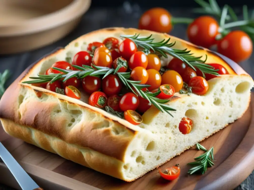 Focaccia italiana recién horneada con tomates cherry, romero y sal marina en un entorno rústico