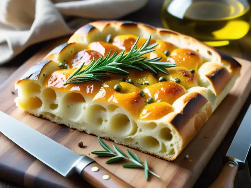 Una focaccia italiana receta tradicional: pan recién horneado con aceite de oliva, romero y sal marina sobre tabla de madera rústica