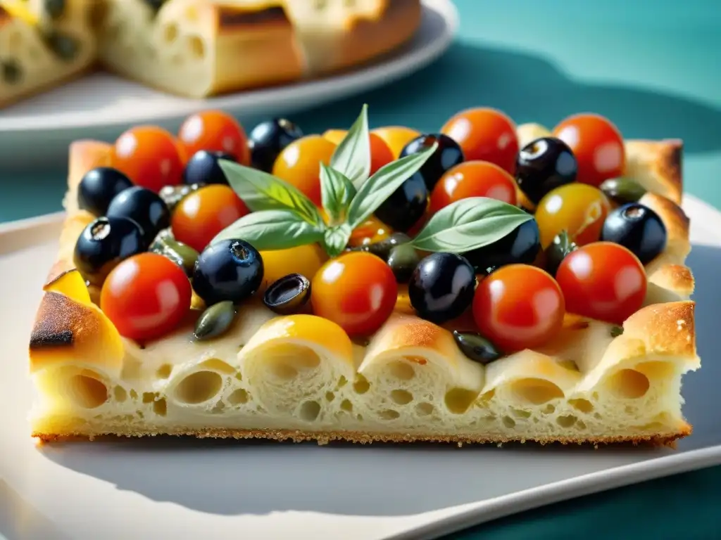 Una focaccia ligur con ingredientes vibrantes frente al mar, evocando la esencia de la cocina italiana Liguria platos modernos