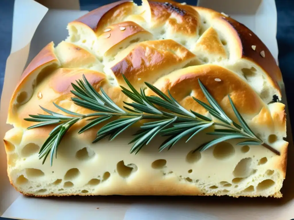 Un Focaccia pan tradicional italiana recién horneado, con costra dorada, romero y sal marina, textura aireada y luz suave