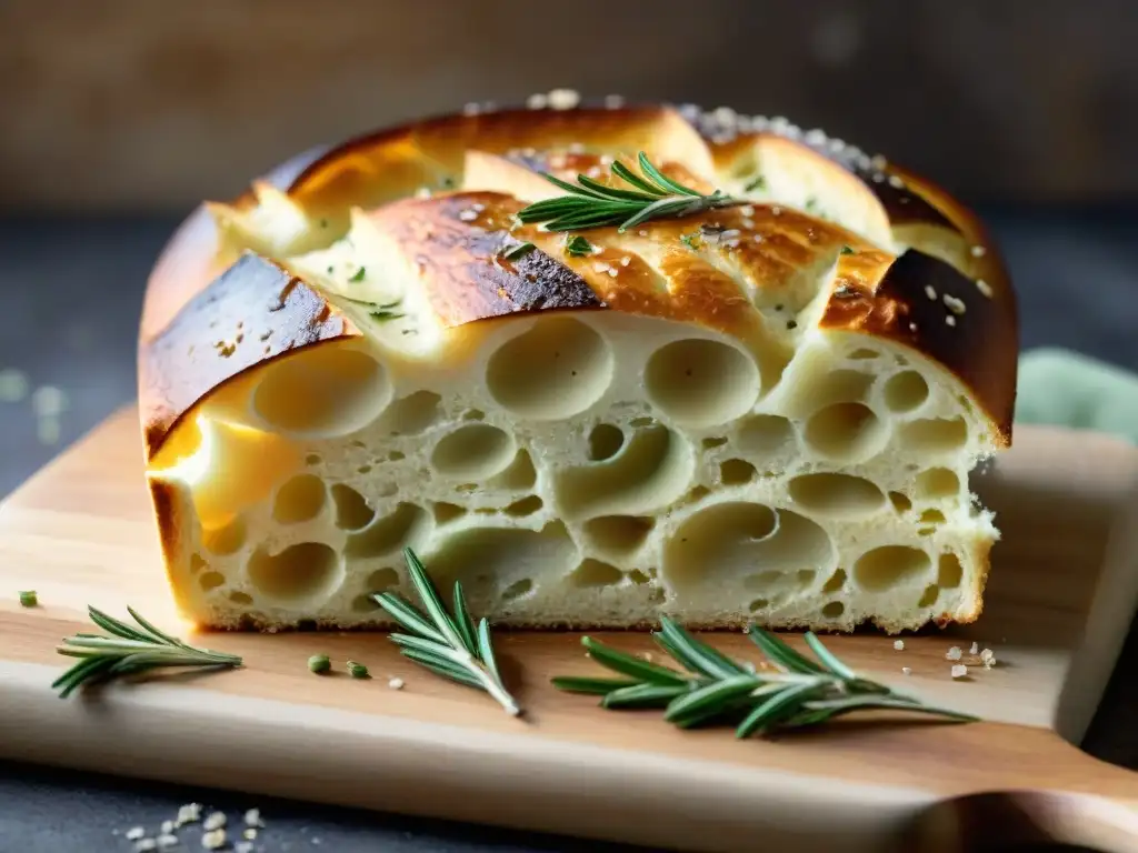 Focaccia perfecta en casa: Detalle de una focaccia recién horneada con costra dorada, romero y sal marina