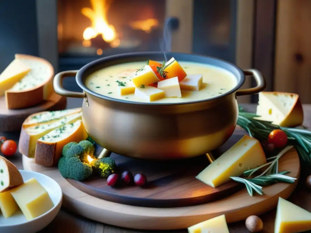 Fondu de queso Fontina fundido sobre vegetales, pan y embutidos, creando una cálida atmósfera invernal