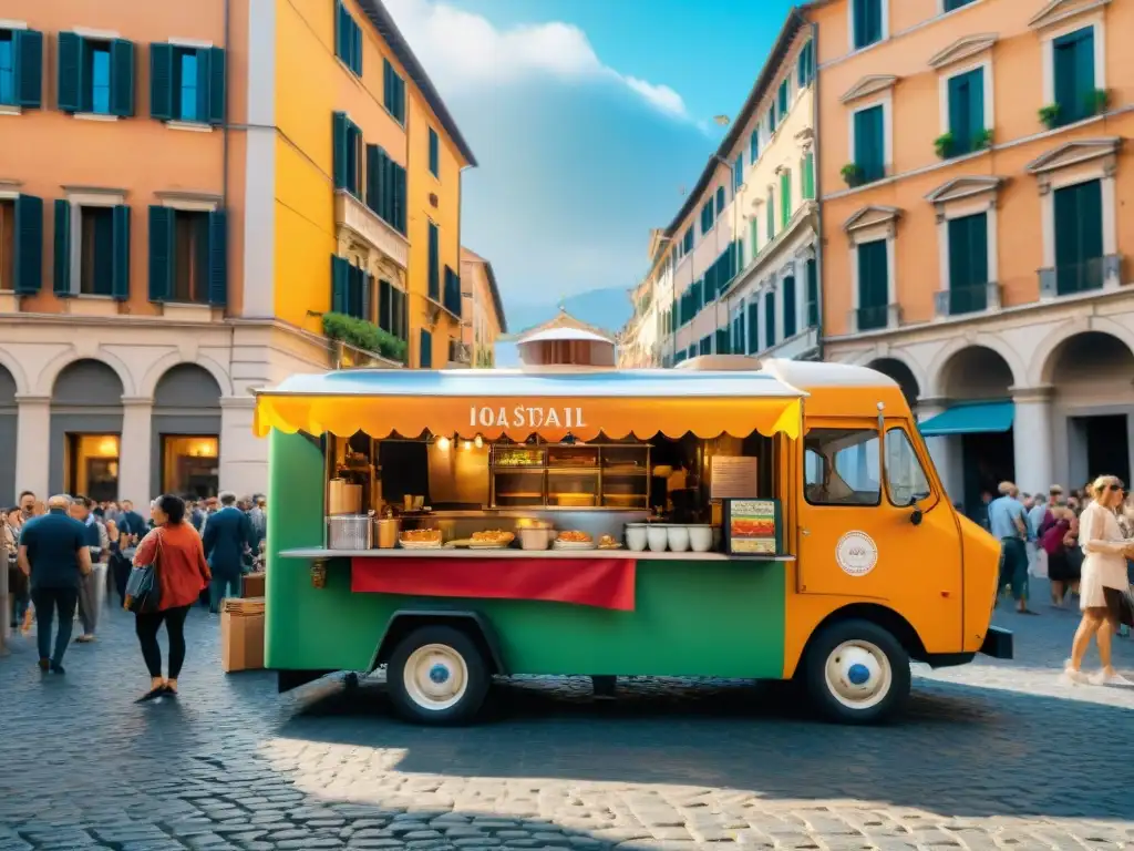 Food truck italiano en Roma, con clientes probando delicias callejeras mientras chefs preparan pedidos