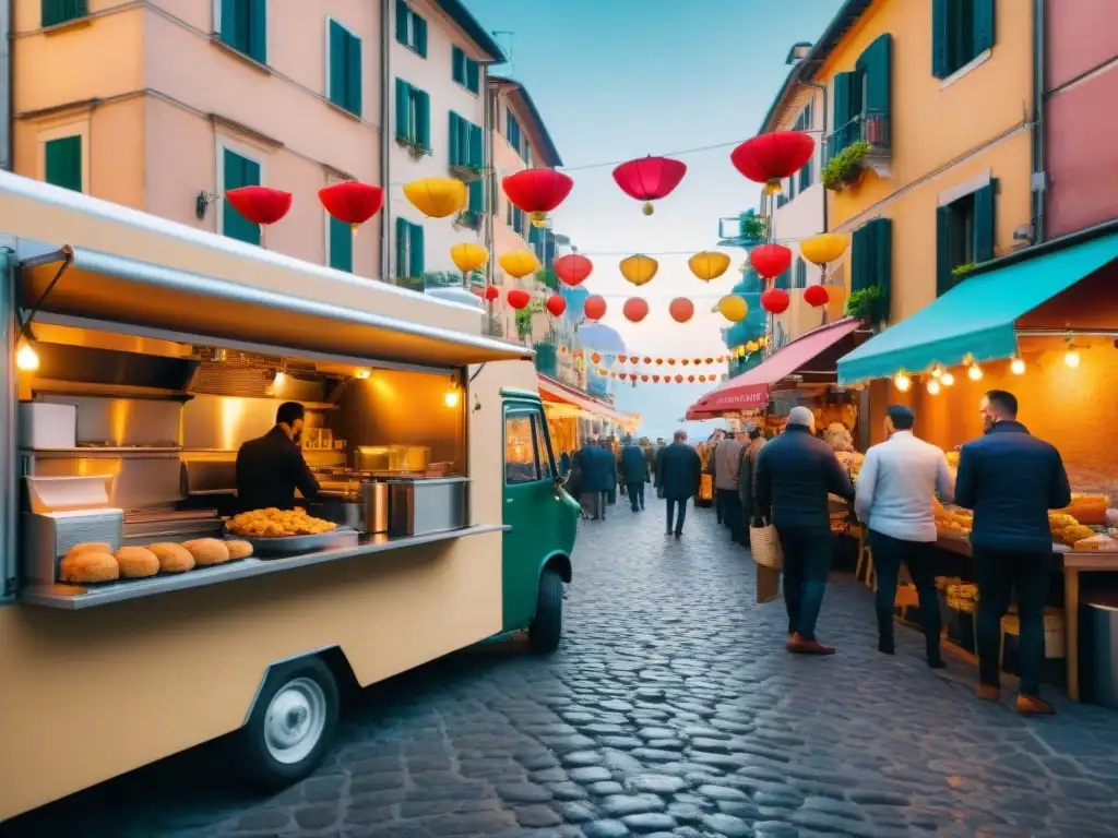 Food trucks italianos en una bulliciosa calle italiana, con banderas vibrantes y delicias callejeras tradicionales como arancini y cannoli