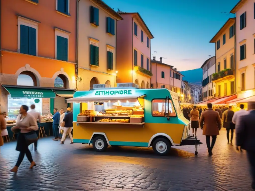 Food trucks italianos cocinan delicias callejeras en bulliciosa calle de Italia al atardecer