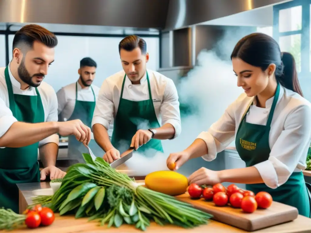 Formación de chefs en cocina italiana sostenible: Estudiantes apasionados cortando ingredientes frescos en ajetreada aula culinaria