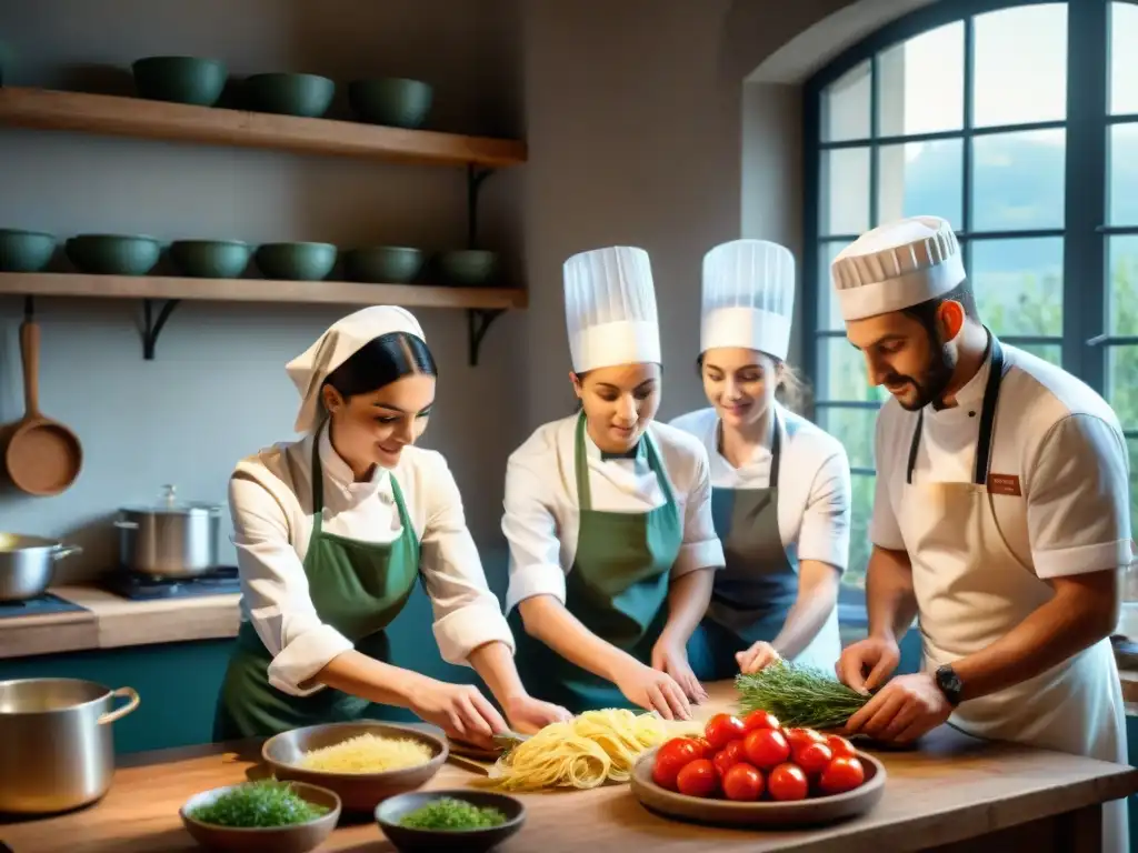 Formación de chefs en cocina italiana sostenible: Jóvenes aprenden a hacer pasta de un chef mentor en una cocina rústica