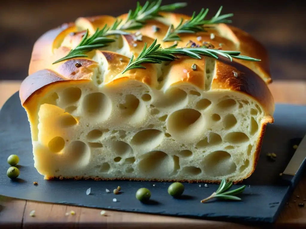 Fragante focaccia italiana recién horneada en tabla rústica de madera bajo cálida luz natural