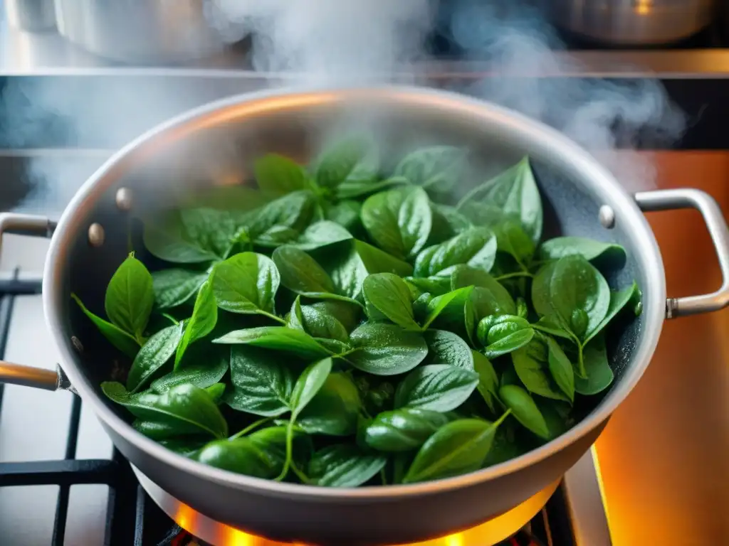 Frescas hojas de cicoria ripassata salteándose en una sartén, capturando la esencia de la cocina italiana