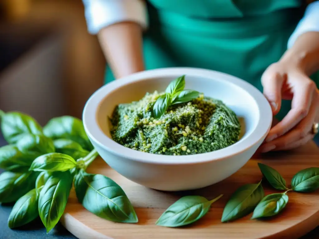 Frescos ingredientes triturados en un mortero para hacer Pesto Genovese