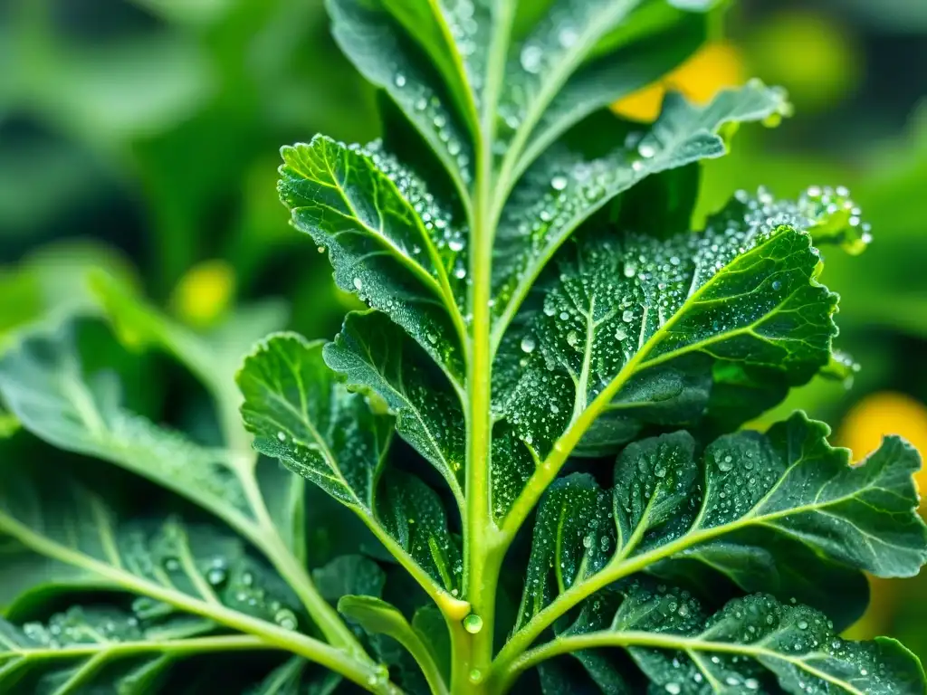 Frescura del brócoli rabe italiano: hojas verdes vibrantes con gotas de agua, textura y vitalidad