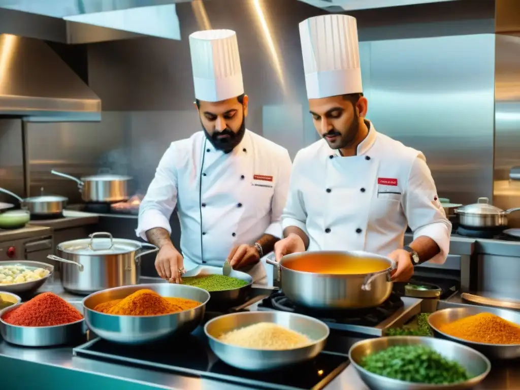 Una fusión culinaria: chefs indio e italiano en una bulliciosa cocina en Italia, creando platos con ingredientes tradicionales