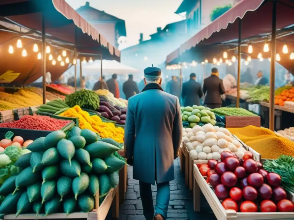 Explorando fusiones culinarias con cocina italiana en un bullicioso mercado de alimentos en Italia