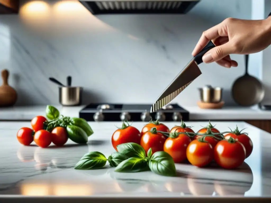 Gadget de cocina italiana moderno en mármol con ingredientes frescos y tecnología de vanguardia