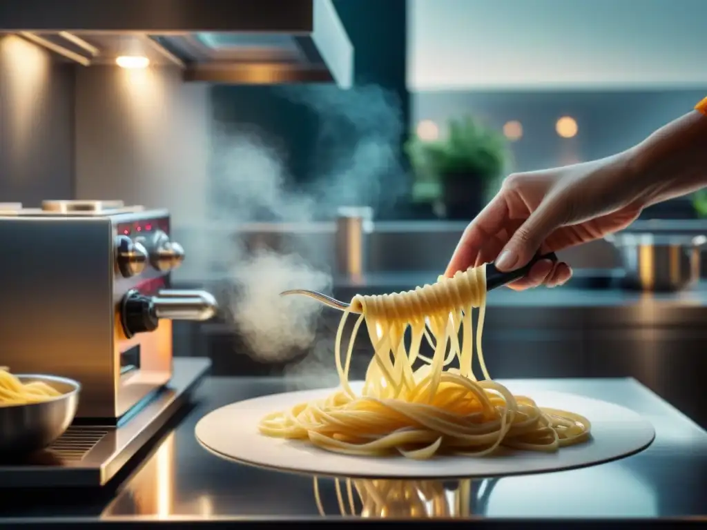 Gadget de cocina italiana moderno mezclando masa fresca con precisión y velocidad, fusionando tradición con tecnología