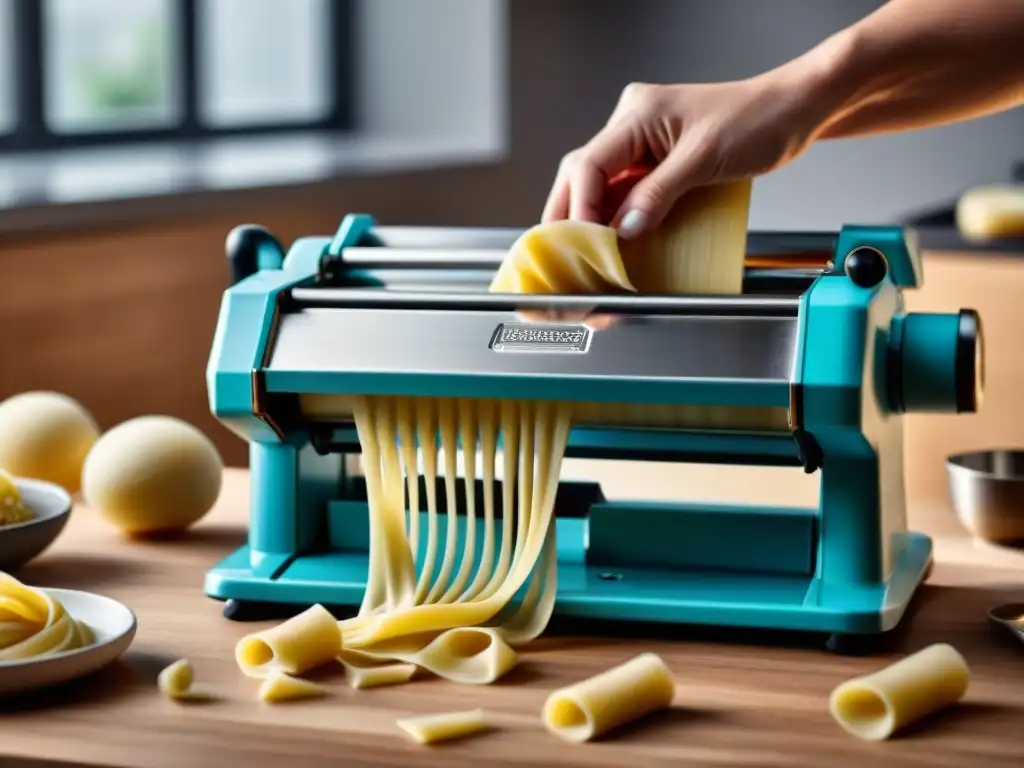 Gadgets de cocina italiana modernos: Imagen detallada de una moderna máquina de pasta en acción, resaltando su precisión y eficiencia