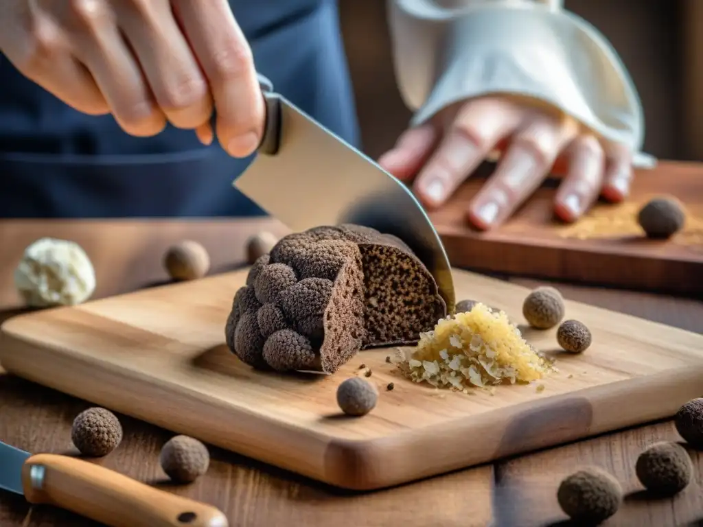 Gadgets para cocinar con trufa: Detalle de un elegante cortador de trufas, creando finas láminas sobre tabla de madera rústica