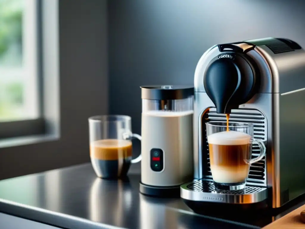 Gadgets para preparar espresso en casa: Detalle de la Aeroccino 4 de Nespresso espumando leche en una cocina moderna inundada de luz natural