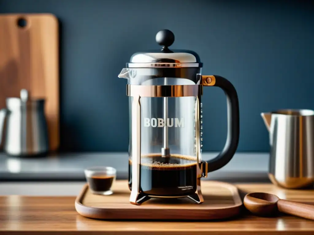 Gadgets para preparar espresso en casa: Detalle de prensa francesa Bodum Chambord en encimera de madera con granos de café y taza de espresso