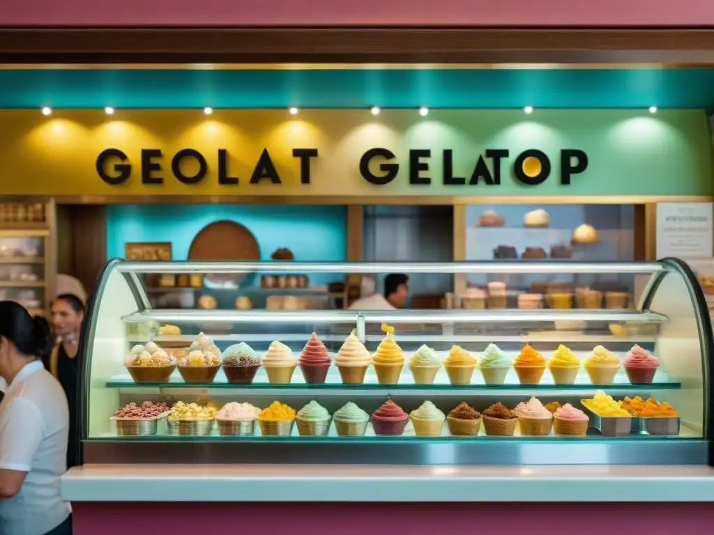 Una gelatería italiana con clientes disfrutando de helados coloridos en un ambiente animado