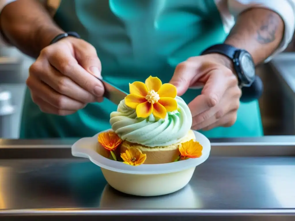 La evolución del Gelato italiano: artesano crea una flor de gelato colorida con precisión en una tradicional gelatería italiana