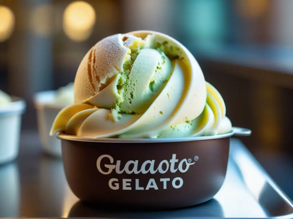 Un gelato italiano auténtico, pistachos y chocolate, en una gelatería tradicional