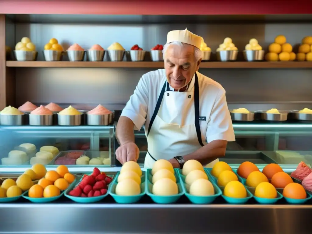 Degustación privada de gelato italiano en una pintoresca gelatería con un anciano artesano creando sorbetto de naranja