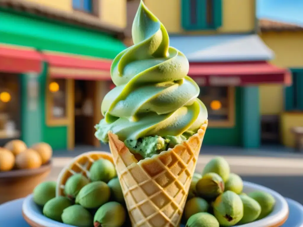 Gelato siciliano de pistacho en cono vintage, mostrando su color verde vibrante y textura cremosa