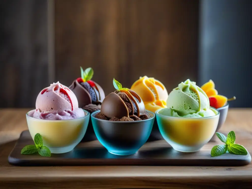 Degustación de Gelatos en casa: una exquisita variedad de sabores vibrantes en elegantes cuencos de cristal sobre una mesa rústica de madera