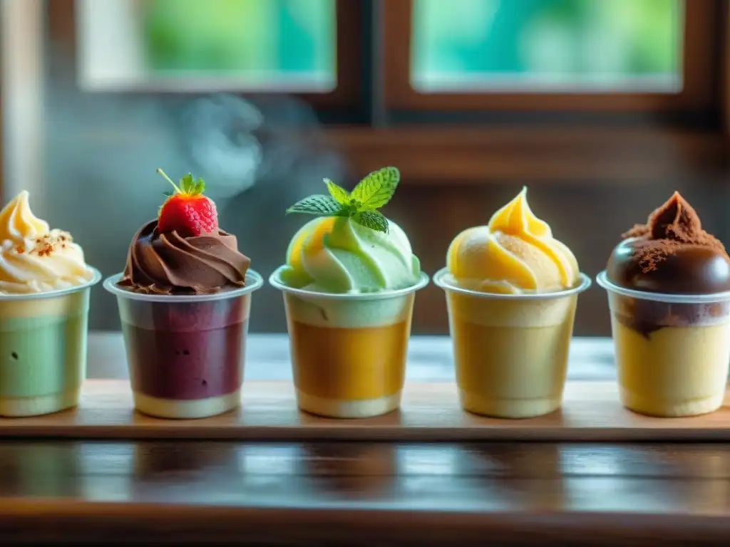 Degustación de Gelatos en casa: Variedad de sabores y colores en gelatos caseros, decorados con frutas frescas y hojas de menta