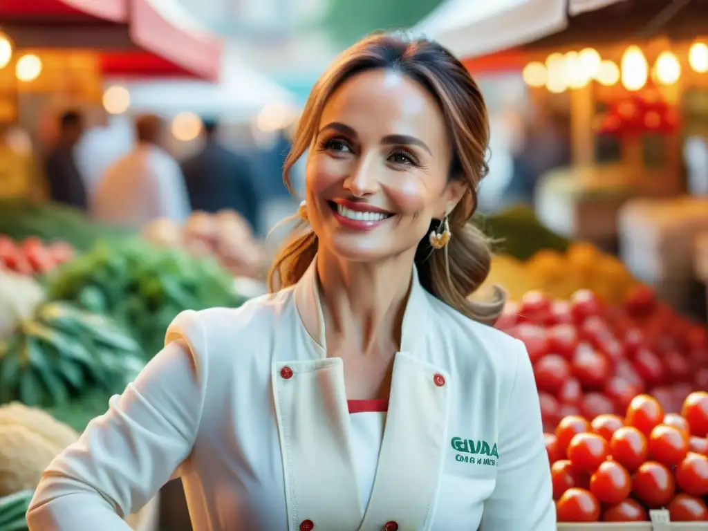 Giada De Laurentiis en un bullicioso mercado italiano, rodeada de coloridos productos frescos, irradiando pasión culinaria