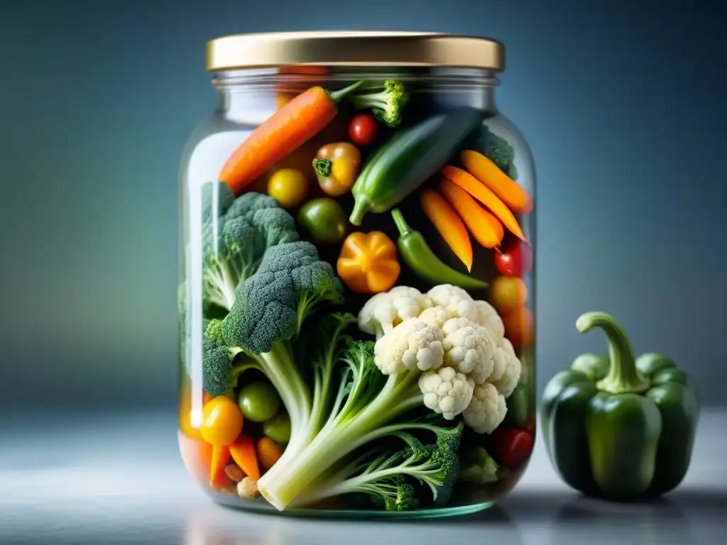 Giardiniera italiana fermentada receta tradicional: Variedad de vegetales vibrantes sumergidos en tarro de encurtidos, burbujas en la superficie