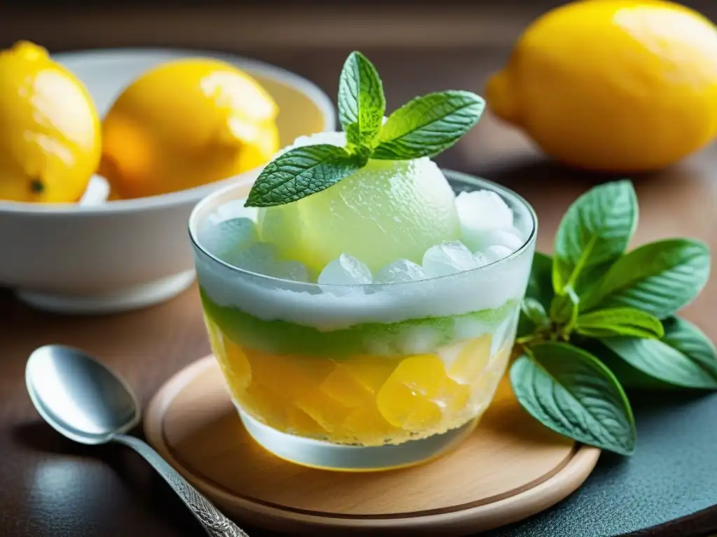 Una granita siciliana, refrescante y vibrante, con textura cristalina y gotas de condensación, resaltando los tonos cítricos y un toque de menta