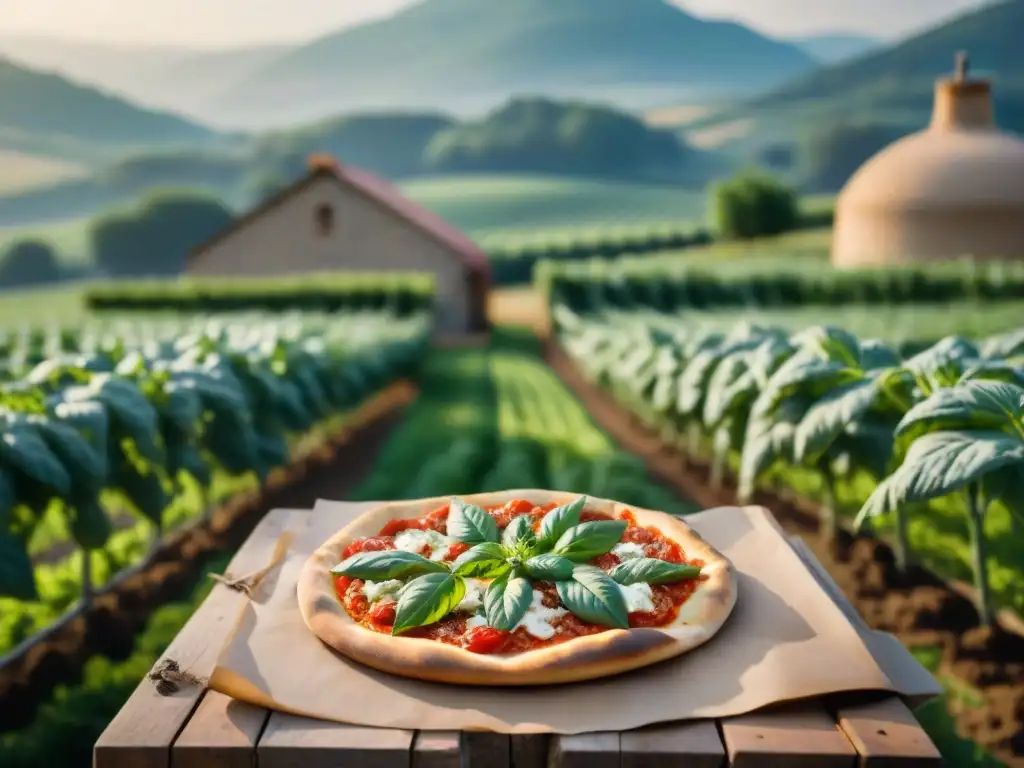 Una granja orgánica exuberante con plantas de tomate, albahaca y trigo dorado, chefs y granjeros trabajando juntos