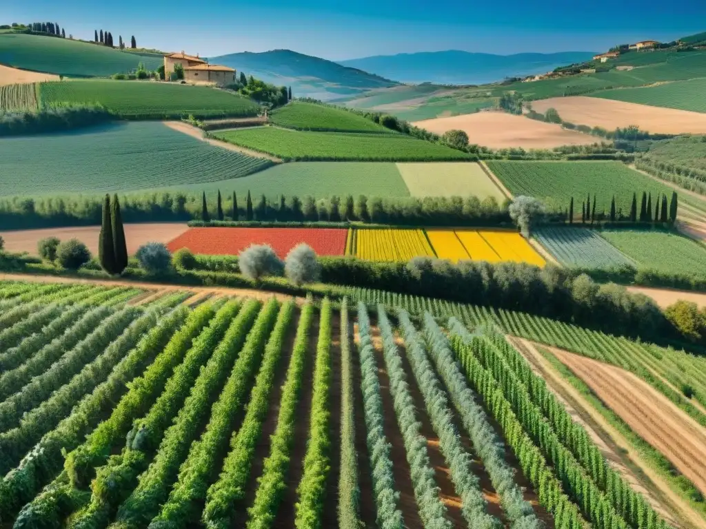 Una granja orgánica en la Toscana, Italia, muestra cultivos vibrantes con tomates maduros, pimientos coloridos y albahaca fragante