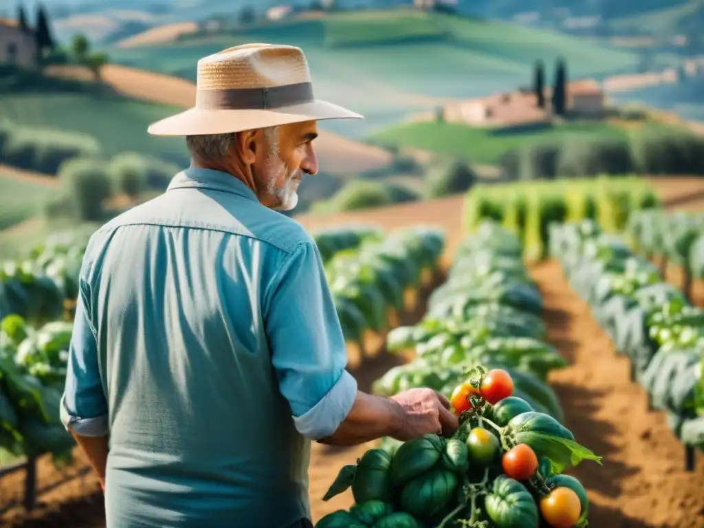 Un granjero italiano mayor cuida expertamente tomates en un campo soleado en las colinas de la Toscana