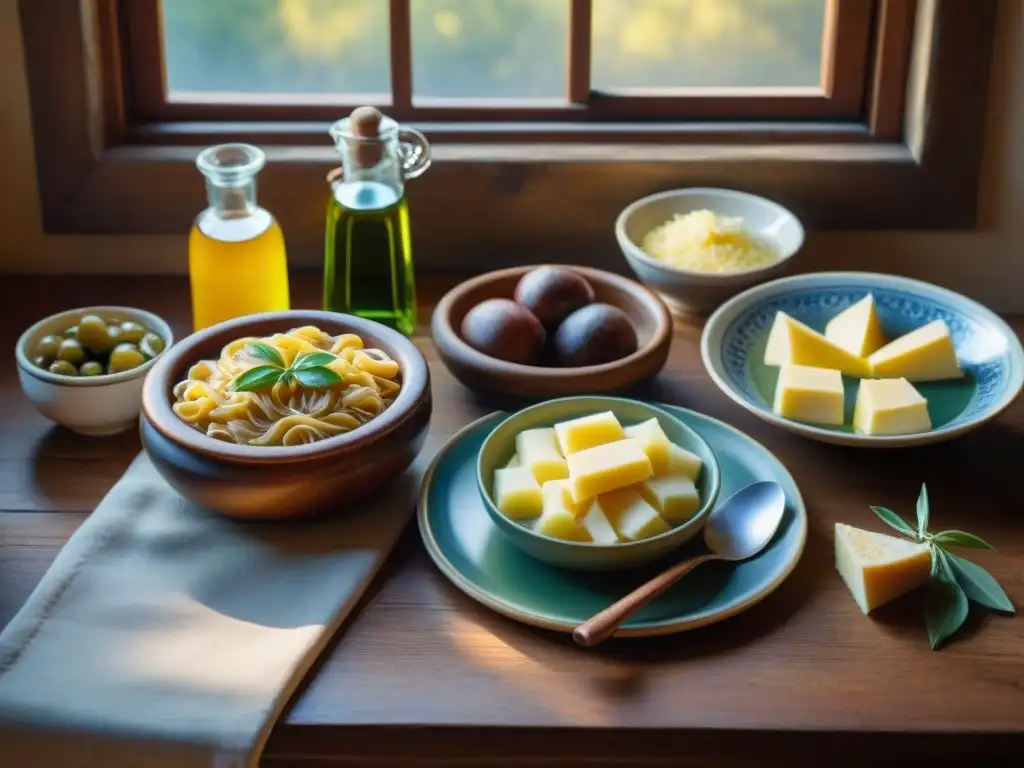 Conservación con grasas italianas tradicionales en una mesa rústica adornada con lardo, mantequilla y aceite de oliva en envases ornamentados