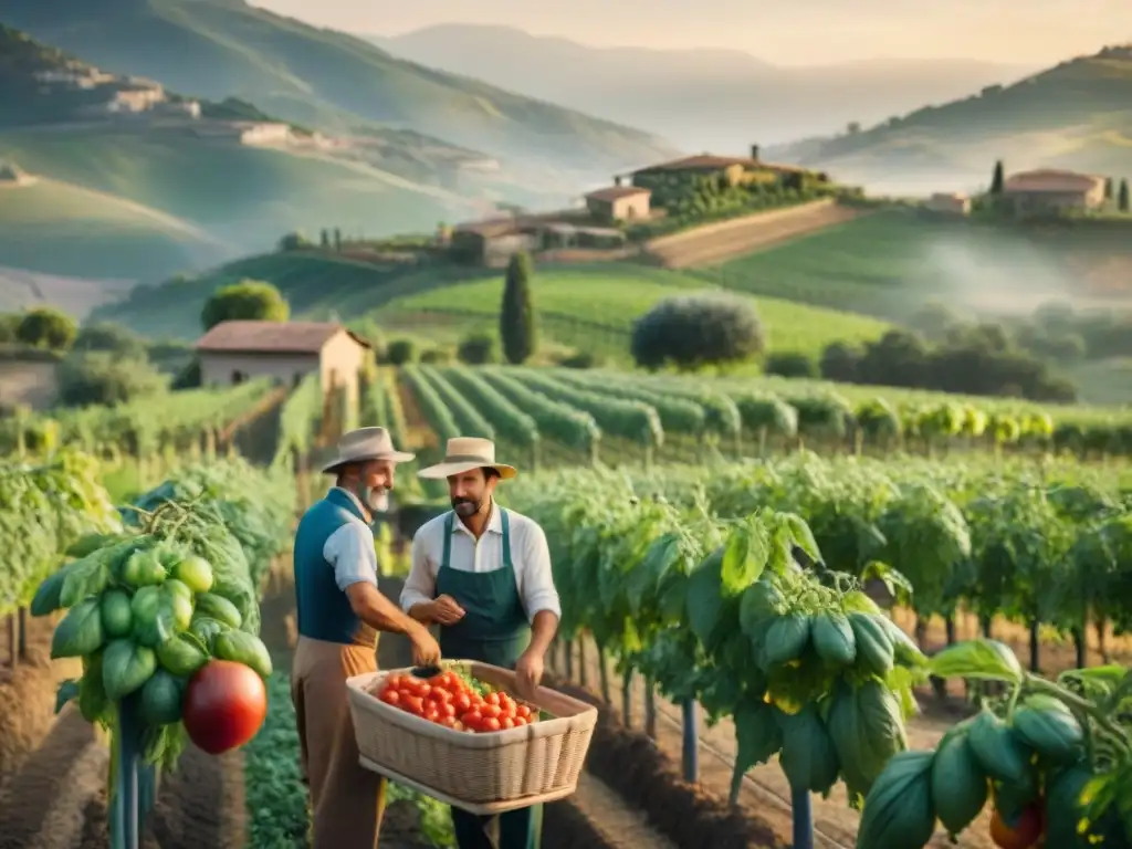 Un grupo de agricultores italianos cosechando tomates en una granja al atardecer, con ingredientes locales cocina italiana sostenible