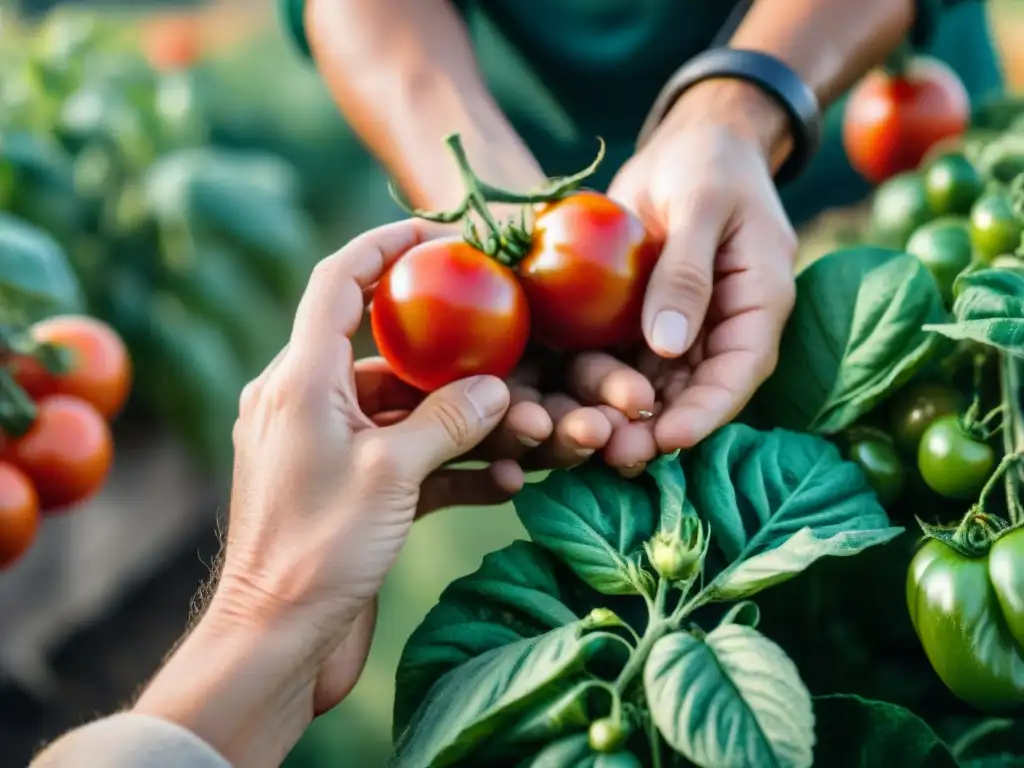 Grupo de agricultores italianos cosechando tomates jugosos bajo el sol mediterráneo, evocando tradición y conexión con la tierra en Italia