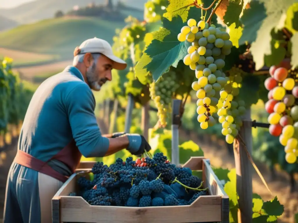 Un grupo de agricultores italianos recolecta uvas en un viñedo en Toscana