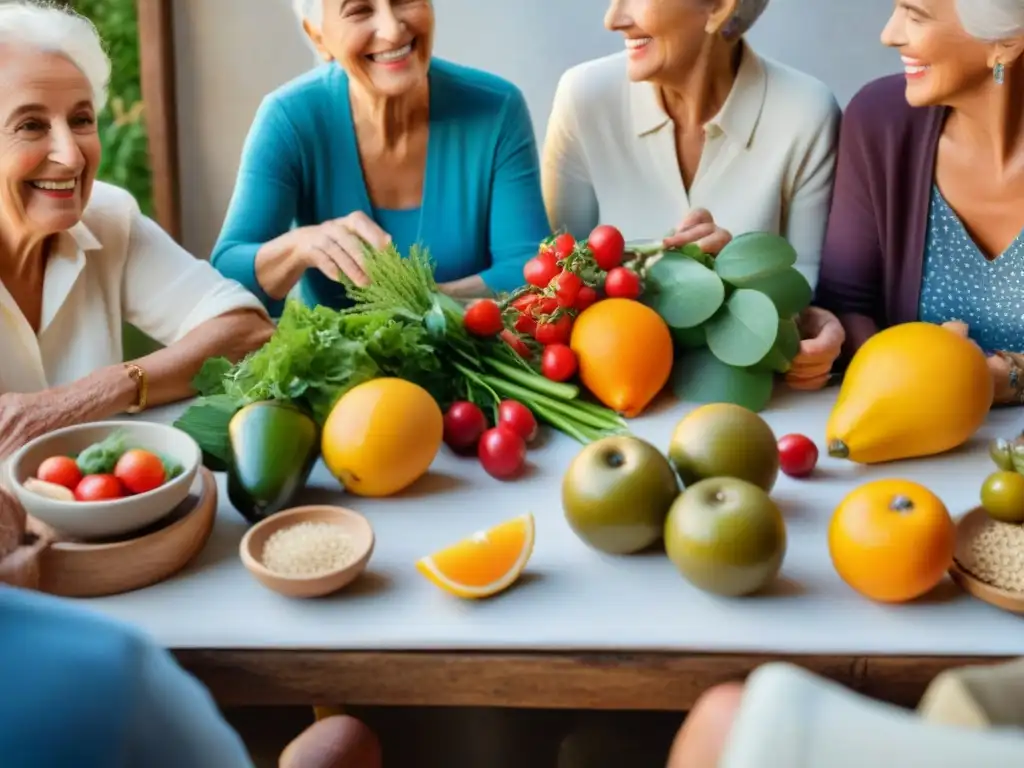 Un grupo de ancianos comparten una comida mediterránea, resaltando los beneficios de la Dieta Mediterránea en el envejecimiento