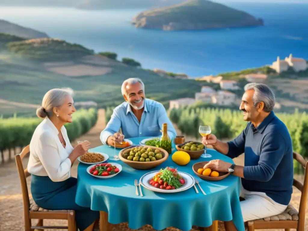 Grupo de ancianos sardos compartiendo comida tradicional en comunidad con vista a campos y olivares