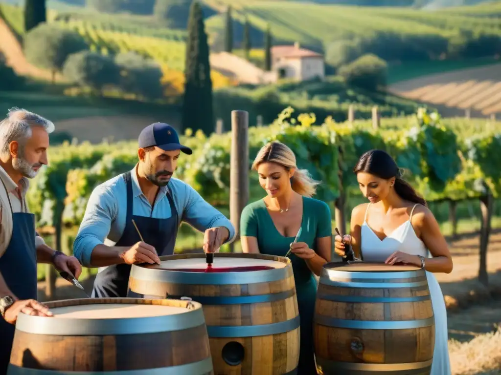 Un grupo de artistas italianos pinta delicados diseños en barricas de vino en un viñedo de la Toscana al atardecer